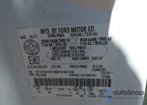 2011 Ford F-150 Fx4 z USA, uszkodzony, nr VIN 1FTFW1ET6BKD42139